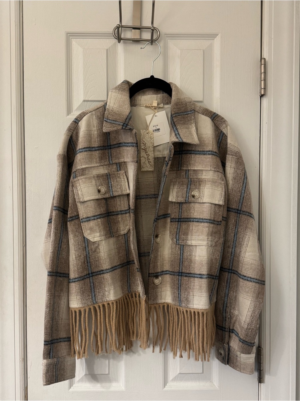Mystree Beige Plaid Fringe Utility Jacket with Blue Trim